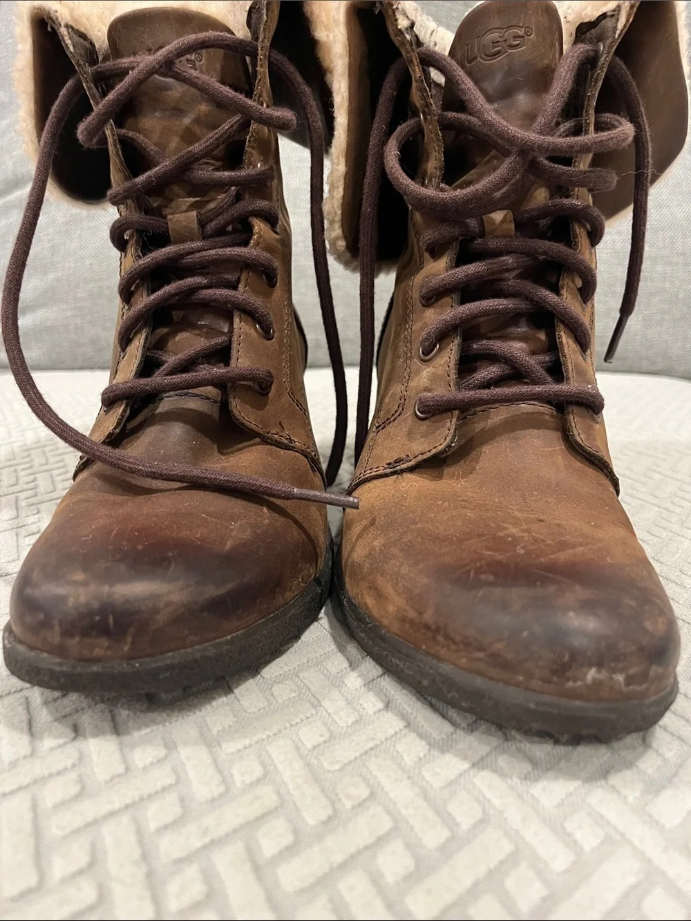 UGG Brown Wedge Lace-Up Ankle Boots with Cream Sherpa Cuff